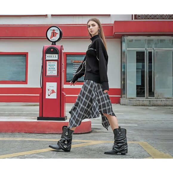 Women Retro Black Rubber Chunky Heels Mid Calf Western Boots Vintage Retro - Picture 5 of 8